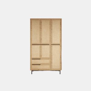 Roupeiro OCEAN, de cor bege claro, num estilo moderno, medindo 196x112x55 cm, com 3 portas e 2 gavetas e 6 prateleiras