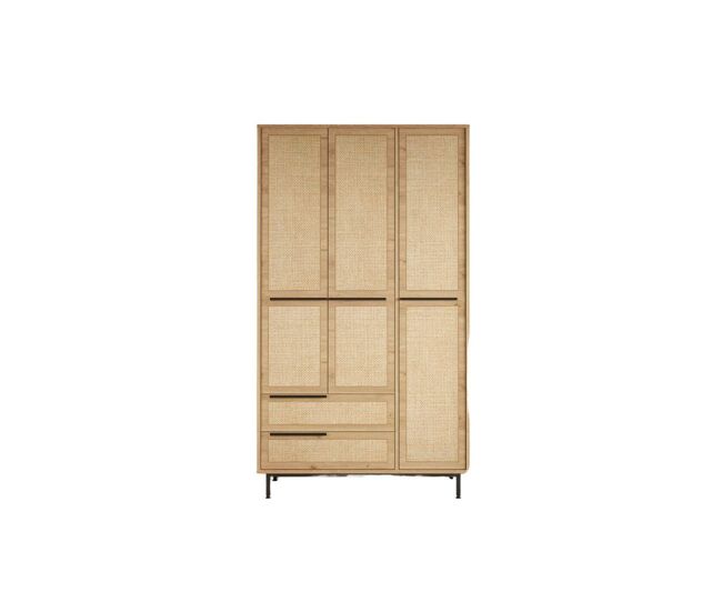 Armario ocean, de color beige claro, estilo moderno, medidas 196x112x55 cm, 3 puertas, 2 cajones y 6 baldas.