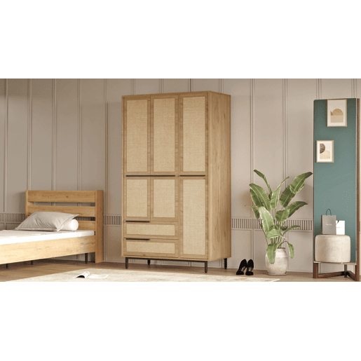 Roupeiro OCEAN, de cor bege claro, num estilo moderno, medindo 196x112x55 cm, com 3 portas e 2 gavetas e 6 prateleiras