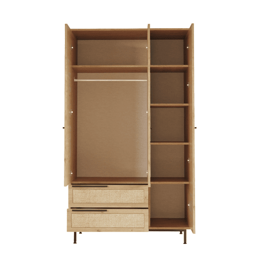 Roupeiro OCEAN, de cor bege claro, num estilo moderno, medindo 196x112x55 cm, com 3 portas e 2 gavetas e 6 prateleiras