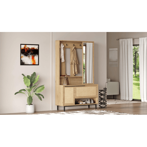 Roupeiros OCEAN, de cor bege claro, num estilo moderno, medindo 178x112x36 cm, com 2 portas e 3 prateleiras