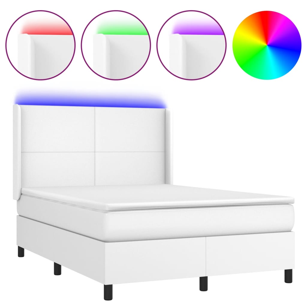 Cama box spring colchón y LED cuero sintético - Diseño plano 140x190 Blanco