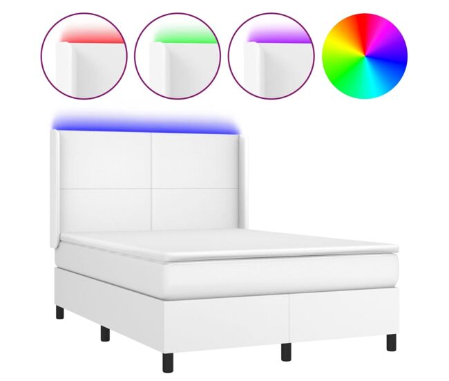 Cama box spring colchón y led cuero sintético blanco 140x190 cm diseño plano