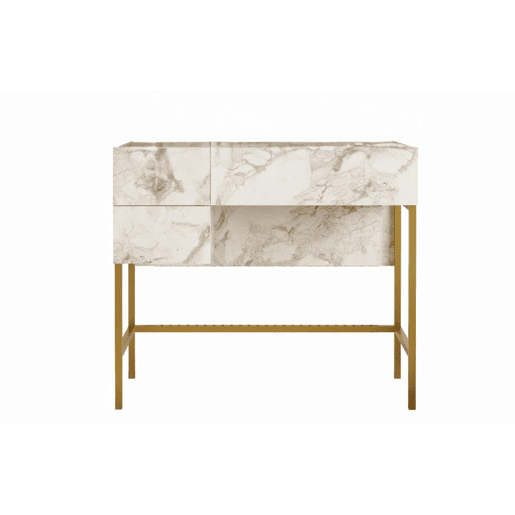 Mesa de consola VOYAGE, de cor cinzenta e dourada, de estilo moderno, com 76x88x44 cm e 3 gavetas