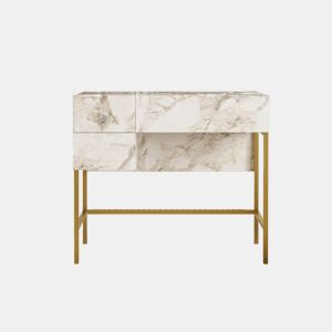 Mesa de consola VOYAGE, de cor cinzenta e dourada, de estilo moderno, com 76x88x44 cm e 3 gavetas