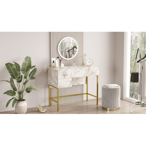 Mesa de consola VOYAGE, de cor cinzenta e dourada, de estilo moderno, com 76x88x44 cm e 3 gavetas