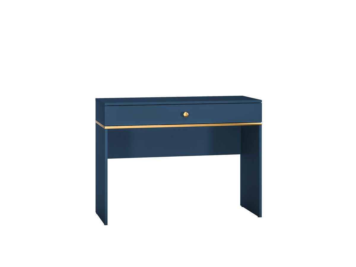 La consola marine en azul y dorado es de parquet y presenta un diseño moderno.