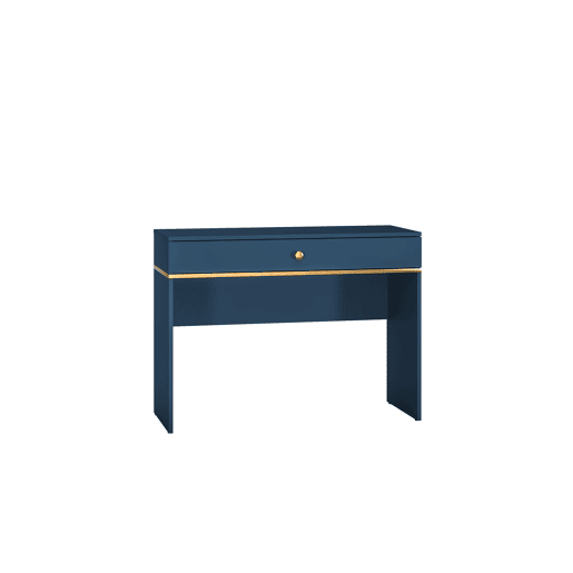 A mesa de consola MARINE em azul, dourado é feita de madeira trabalhada e apresenta um design moderno.
