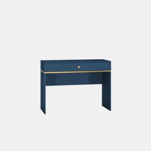 A mesa de consola MARINE em azul, dourado é feita de madeira trabalhada e apresenta um design moderno.