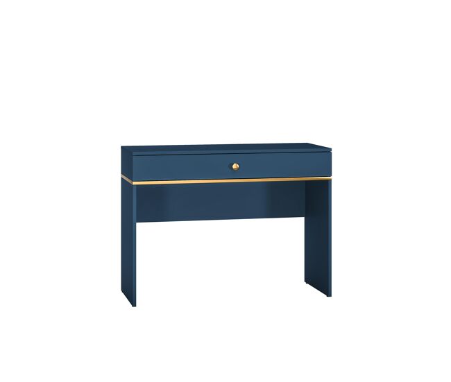 La consola marine en azul y dorado es de parquet y presenta un diseño moderno.