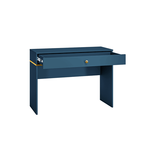 A mesa de consola MARINE em azul, dourado é feita de madeira trabalhada e apresenta um design moderno.