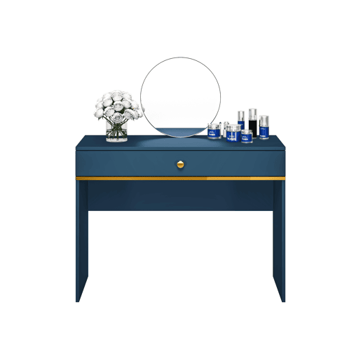 A mesa de consola MARINE em azul, dourado é feita de madeira trabalhada e apresenta um design moderno.