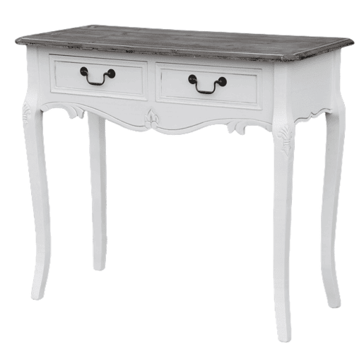 Mesa de consola RIMINI WHITE, de cor branca e castanha, em estilo campestre francês, mede 78x90x40 cm e tem 2 gavetas