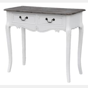 Mesa de consola RIMINI WHITE, de cor branca e castanha, em estilo campestre francês, mede 78x90x40 cm e tem 2 gavetas