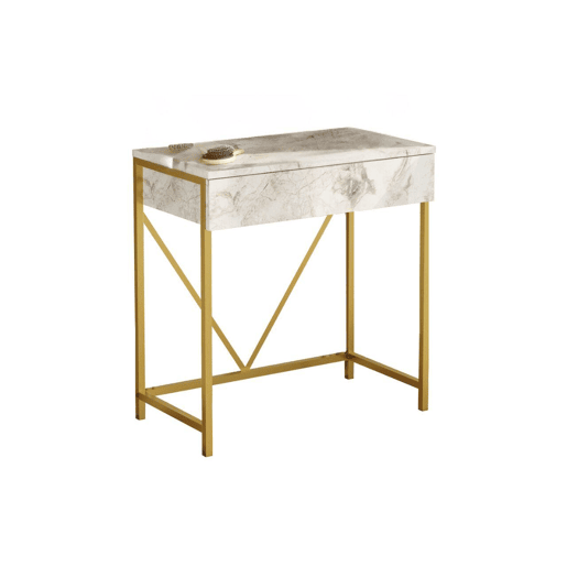 Mesa de consola VOYAGE, de cor cinzenta e dourada, com um estilo moderno, mede 75x72x40 cm e tem 1 gaveta