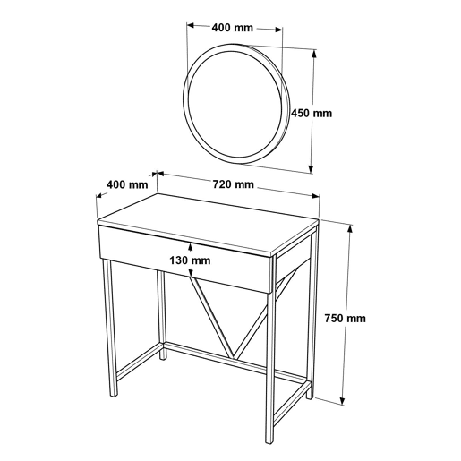 Mesa de consola VOYAGE, de cor cinzenta e dourada, com um estilo moderno, mede 75x72x40 cm e tem 1 gaveta