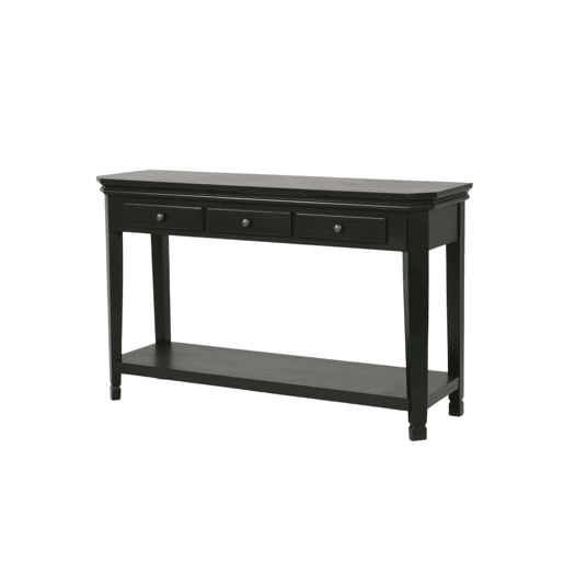 Mesa de consola CESENA, de cor preta, estilo Basic, mede 80x128x40 cm e tem 3 gavetas e 1 prateleira