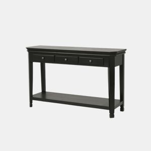 Mesa de consola CESENA, de cor preta, estilo Basic, mede 80x128x40 cm e tem 3 gavetas e 1 prateleira