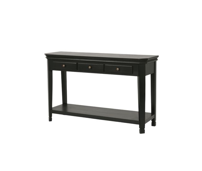 Consola cesena, de color negro, en estilo basic, mide 80x128x40 cm y tiene 3 cajones y 1 estante