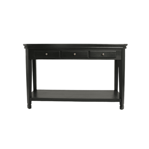 Mesa de consola CESENA, de cor preta, estilo Basic, mede 80x128x40 cm e tem 3 gavetas e 1 prateleira