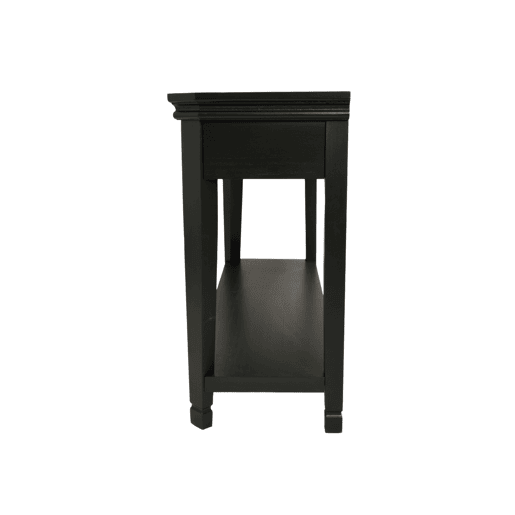 Mesa de consola CESENA, de cor preta, estilo Basic, mede 80x128x40 cm e tem 3 gavetas e 1 prateleira
