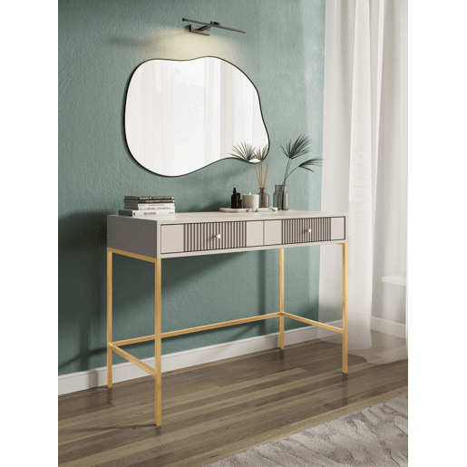 A mesa de consola ISEO apresenta num estilo moderno. Mede 79x104x50 cm e inclui 2 gavetas.