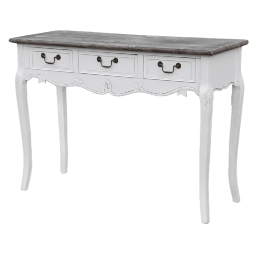 Mesa de consola RIMINI WHITE, de cor branca e castanha, em estilo campestre francês, com 78x110x40 cm e 3 gavetas