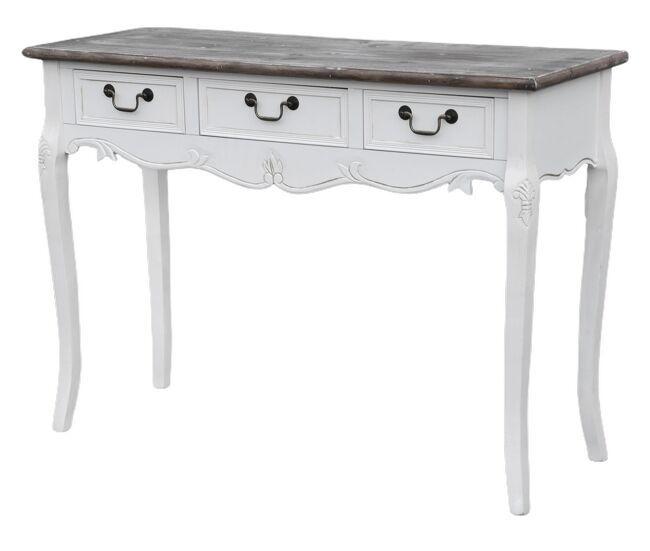 Consola rimini white, de color blanco y marrón, de estilo rústico francés, mide 78x110x40 cm y tiene 3 cajones