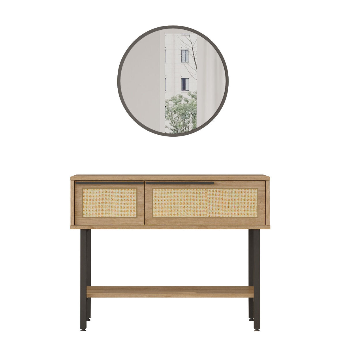 Consola ocean, estilo moderno, medidas 76x100x30 cm, 2 puertas y 2 estantes