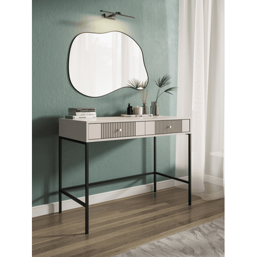 A mesa de consola ISEO apresenta num estilo moderno. Mede 79x104x50 cm e inclui 2 gavetas.