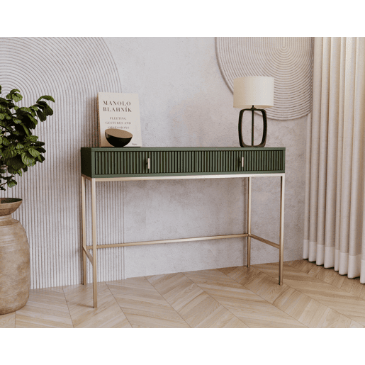 A mesa de consola MAGGIORE apresenta num estilo moderno. Mede 77x104x50 cm e inclui 2 gavetas.