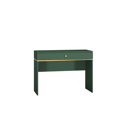 A mesa de consola FORT em verde e dourado é feita de madeira de engenharia e apresenta um design moderno.