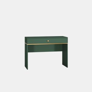 A mesa de consola FORT em verde e dourado é feita de madeira de engenharia e apresenta um design moderno.