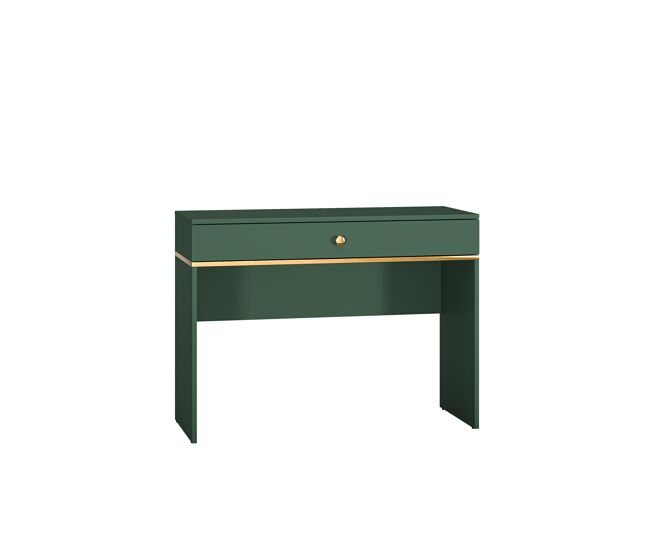 La consola fort en verde y dorado es de parquet y presenta un diseño moderno.