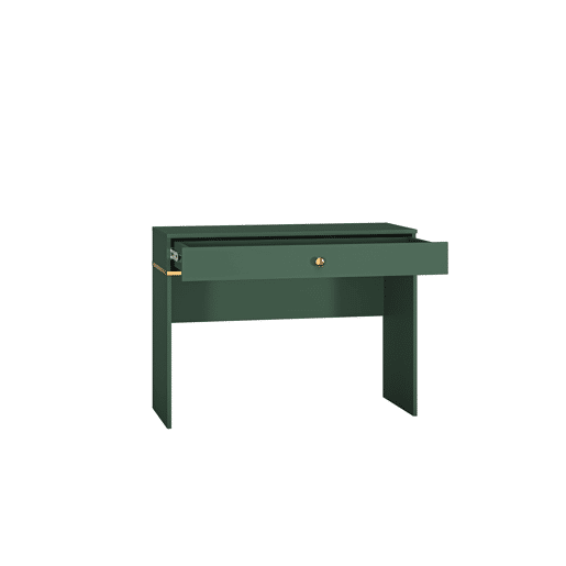 A mesa de consola FORT em verde e dourado é feita de madeira de engenharia e apresenta um design moderno.