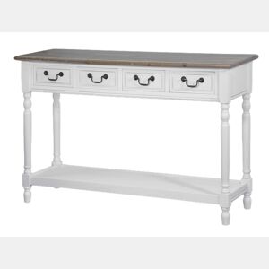 Mesa de consola RIMINI WHITE, de cor branca e castanha, em estilo campestre francês, com 79x122x41 cm, 4 gavetas e 1 prateleira