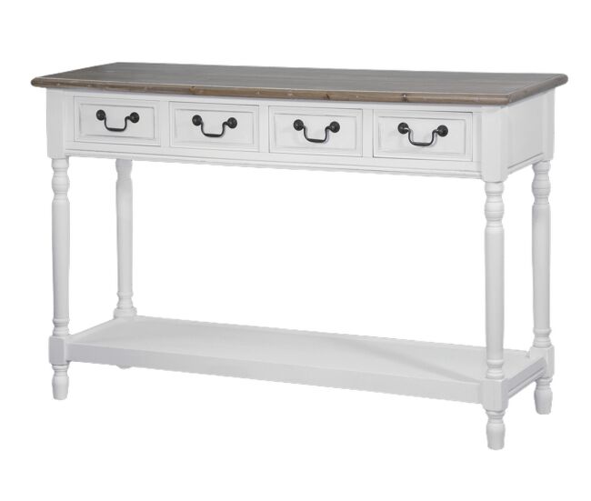 Consola rimini white, de color blanco y marrón, de estilo rústico francés, mide 79x122x41 cm y tiene 4 cajones y 1 estante.