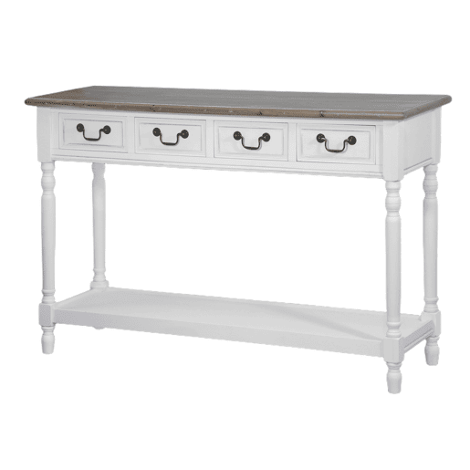 Mesa de consola RIMINI WHITE, de cor branca e castanha, em estilo campestre francês, com 79x122x41 cm, 4 gavetas e 1 prateleira