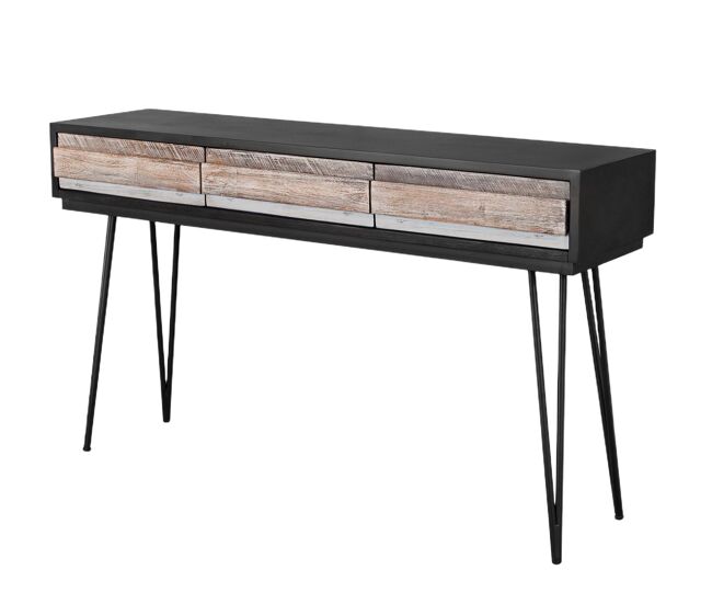 Consola adesso, de color beige y negro, de estilo retro, mide 80x140x35 cm y tiene 3 cajones