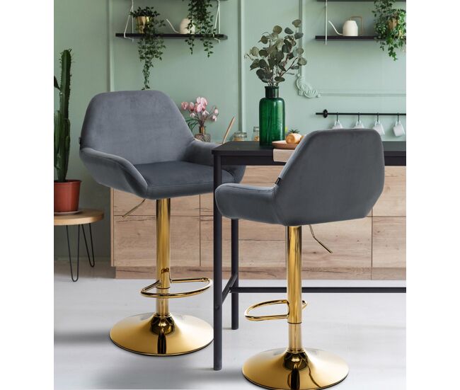 Set de 2 taburetes de bar braga en terciopelo con marco dorado gris oscuro 52x51x89 cm