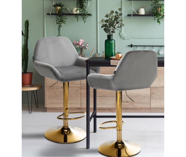 Set de 2 taburetes de bar braga en terciopelo con marco dorado gris 52x51x89 cm