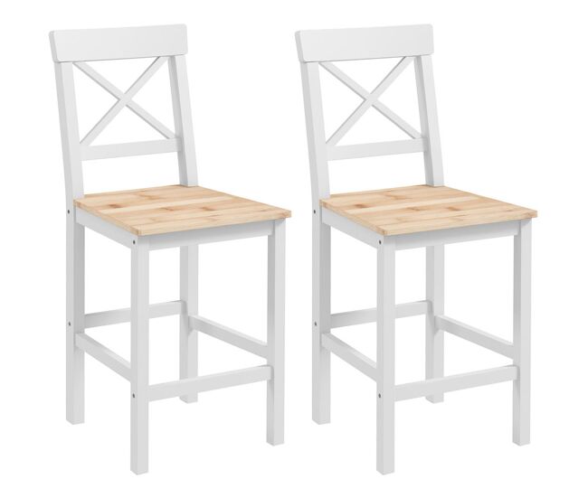 Homcom juego de 2 taburetes altos de cocina, taburetes de bar de madera con reposapiés y respaldo cruzado, carga 120 kg, para comedor, mostrador, natural y blanco