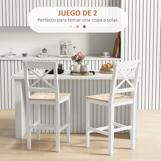 HOMCOM Conjunto de 2 Bancos de Bar de Madeira Bancos Altos de Cozinha com Encosto e Apoio para os Pés Estilo Rústico para Sala de Jantar 41x46x97.5 cm Natural