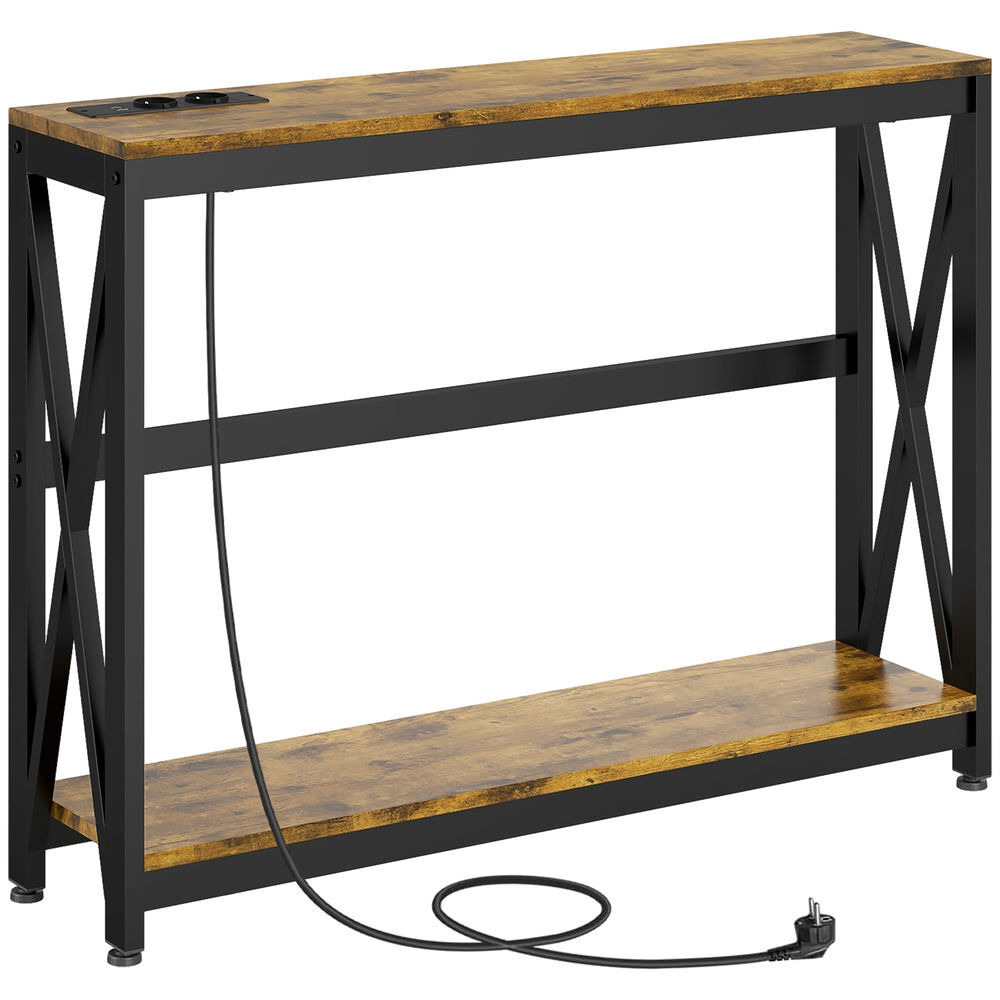 Homcom mesa consola industrial de 2 niveles con estación de carga 2 usb y marco de acero - mueble de recibidor para salón 100x24x75 cm marrón rústico