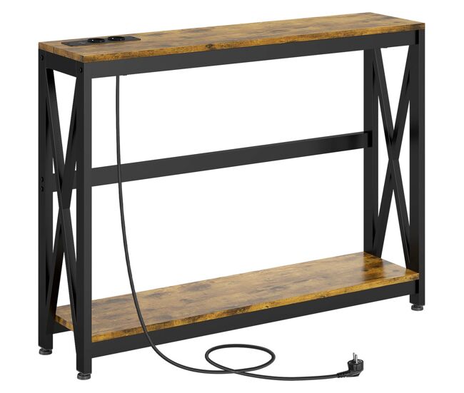 Homcom mesa consola industrial de 2 niveles con estación de carga 2 usb y marco de acero - mueble de recibidor para salón 100x24x75 cm marrón rústico