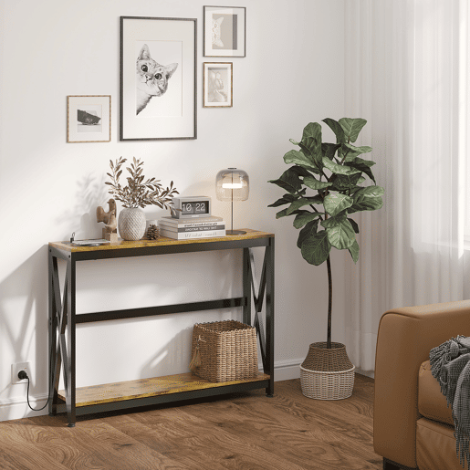HOMCOM Mesa Consola de Estilo Industrial Mesa de Entrada de 2 Níveis com Estação de Carregamento e Estrutura de Aço para Sala Corredor 100x24x75 cm Castanho Rústico