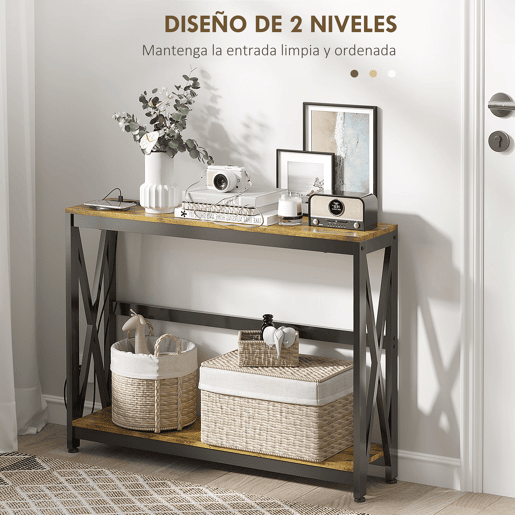 HOMCOM Mesa Consola de Estilo Industrial Mesa de Entrada de 2 Níveis com Estação de Carregamento e Estrutura de Aço para Sala Corredor 100x24x75 cm Castanho Rústico