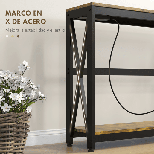 HOMCOM Mesa Consola de Estilo Industrial Mesa de Entrada de 2 Níveis com Estação de Carregamento e Estrutura de Aço para Sala Corredor 100x24x75 cm Castanho Rústico