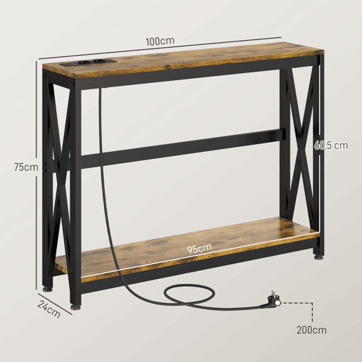 HOMCOM Mesa Consola de Estilo Industrial Mesa de Entrada de 2 Níveis com Estação de Carregamento e Estrutura de Aço para Sala Corredor 100x24x75 cm Castanho Rústico