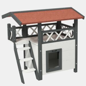PawHut Casa para Gatos de Madeira 77x50x73cm Casa para Gatos com 2 Níveis com Teto Asfáltico Terraço Cercado Caverna e Escada para Interior e Exterior Branco